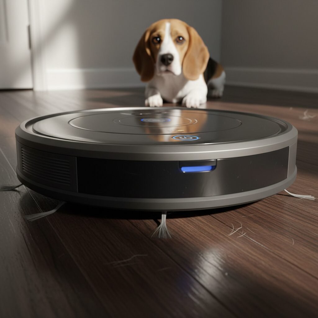 A low-angle, dog's-eye-view shot of a robot vacuum cleaner moving across a hardwood floor. The vacuum appears large and imposing from this perspective, with a slightly anxious-looking Beagle watching it from the corner of the room.