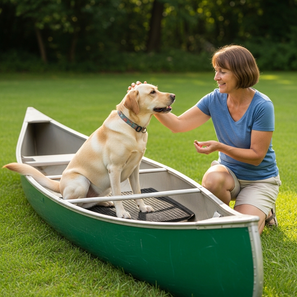A happy Labrador retriever sitting on a non-slip mat inside a canoe that is resting on a green lawn. The owner is kneeling beside the canoe, offering the dog a treat and a reassuring pat.