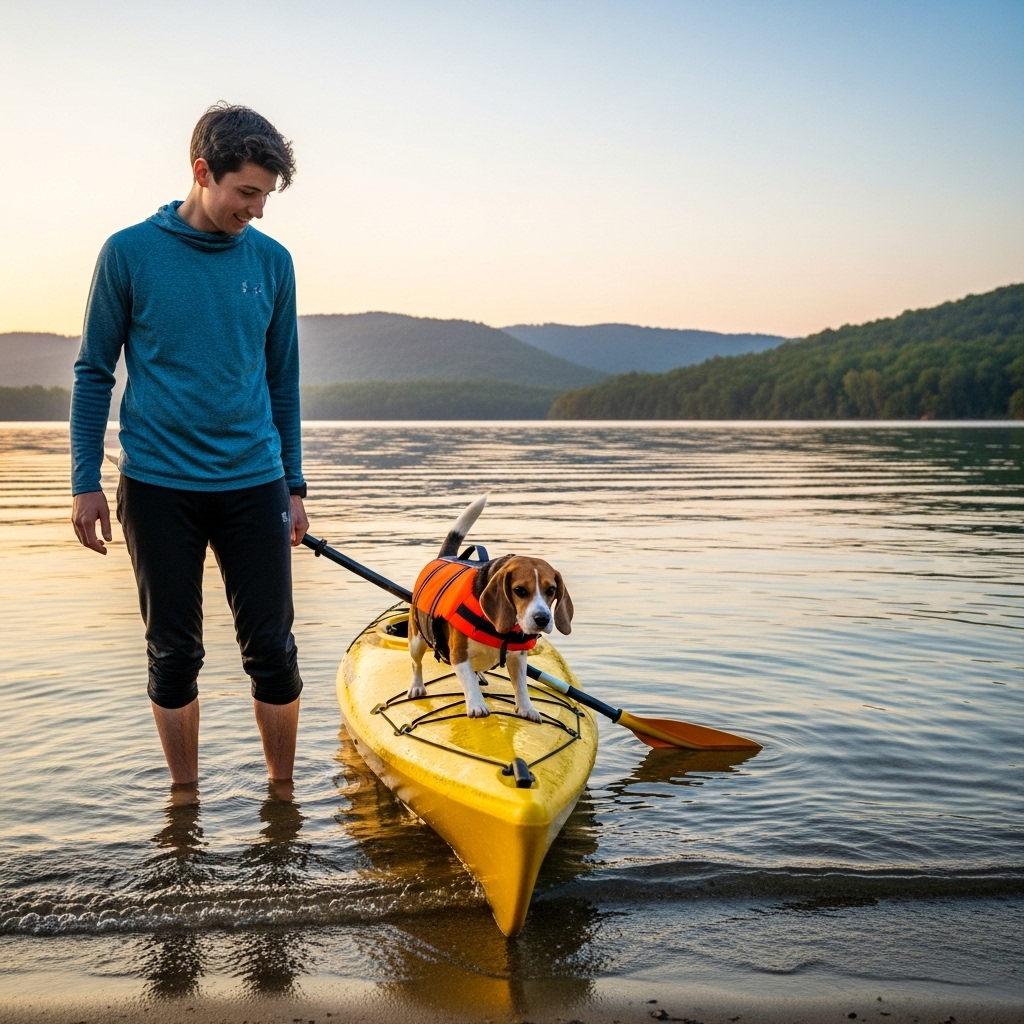 A person in knee-deep water at the edge of a calm lake, holding a kayak steady. A beagle wearing an orange life vest is carefully stepping from the shore into the kayak.