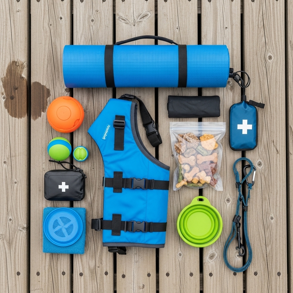 A flat-lay photograph of essential dog kayaking gear on a wooden dock: a bright blue dog life vest, a rolled-up yoga mat, a bag of high-value dog treats, a collapsible water bowl, and a leash.