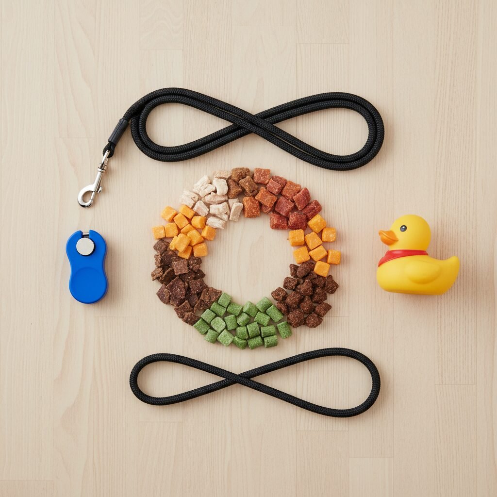 A top-down, flat-lay photograph showing a colorful assortment of high-value dog treats like small pieces of chicken and cheese, a clicker, a favorite squeaky toy, and a leash, all arranged neatly on a clean wooden floor.