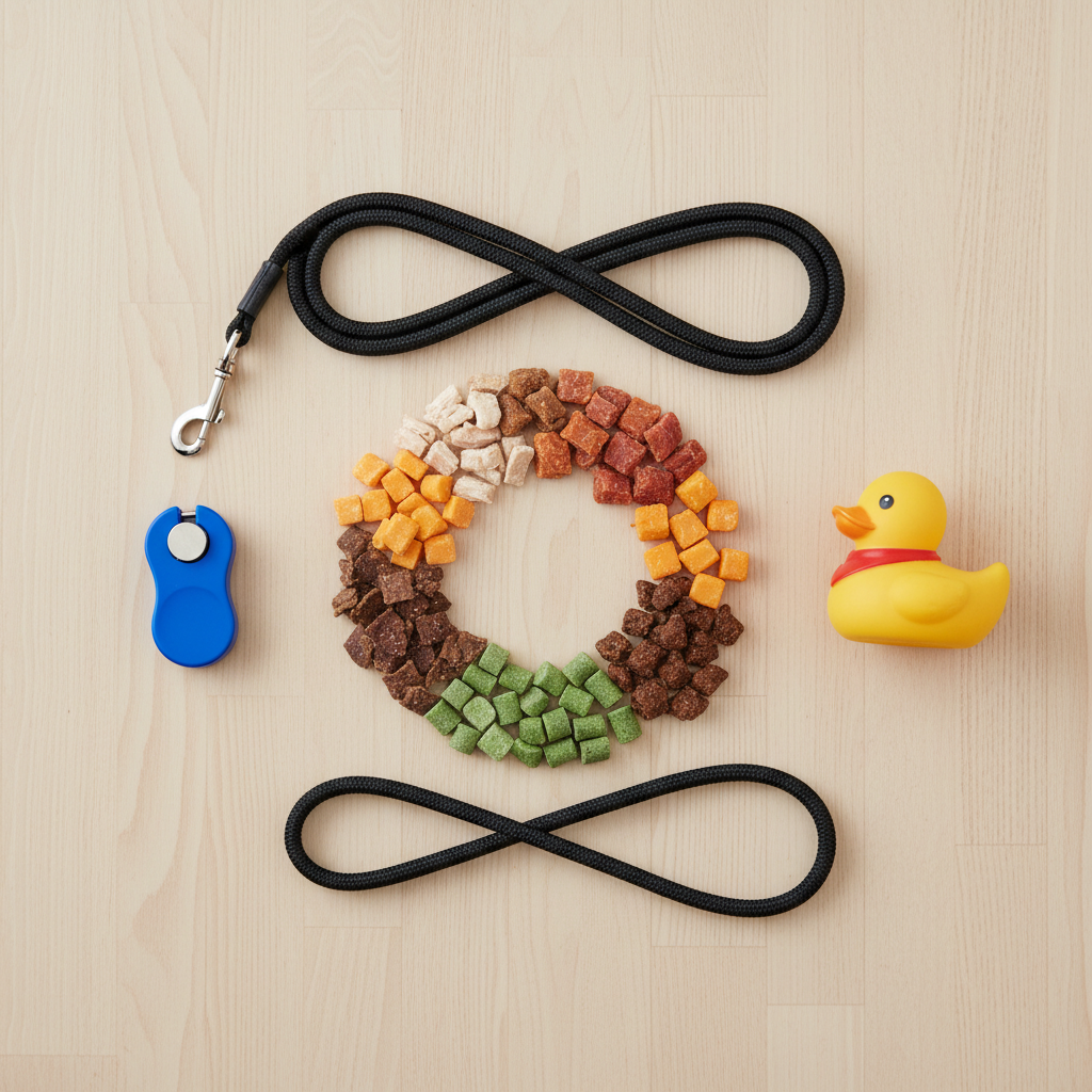 A top-down, flat-lay photograph showing a colorful assortment of high-value dog treats like small pieces of chicken and cheese, a clicker, a favorite squeaky toy, and a leash, all arranged neatly on a clean wooden floor.