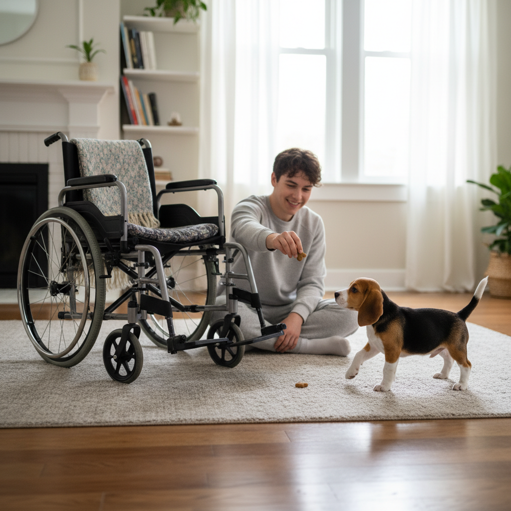 A person sitting on the floor at a distance from a stationary wheelchair, smiling and tossing a treat to a curious beagle puppy who has just placed a paw near the chair's base.