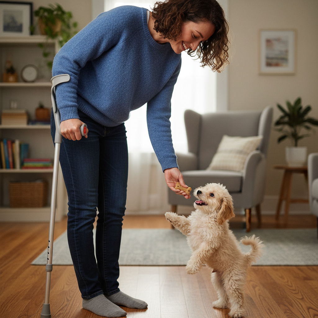 A friendly person is holding a single crutch, resting its tip on the floor. They are using their other hand to offer a treat to a small, fluffy poodle mix puppy who is happily taking it.