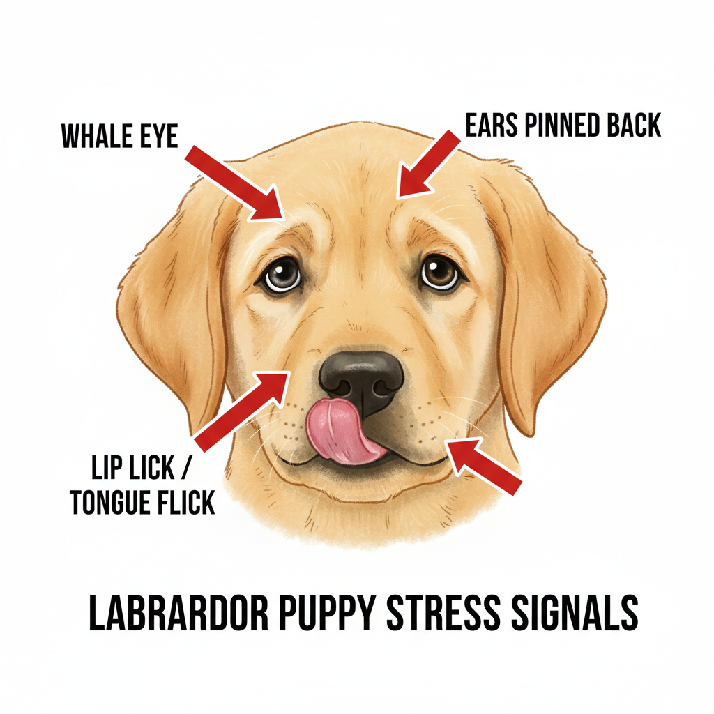 A close-up, educational-style illustration of a Labrador puppy's head, with arrows pointing to key stress signals: the whites of the eyes ('whale eye'), the tongue flicking out for a lip lick, and ears pinned back slightly.