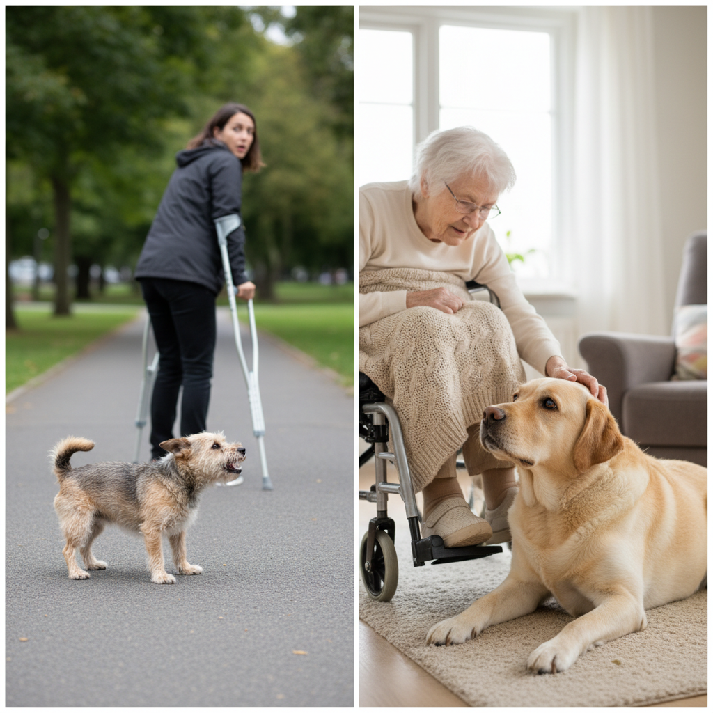 A split-screen image. On the left, a small terrier mix is barking fearfully at a person using crutches from a distance. On the right, a calm Labrador is lying peacefully at the feet of an elderly person in a wheelchair.