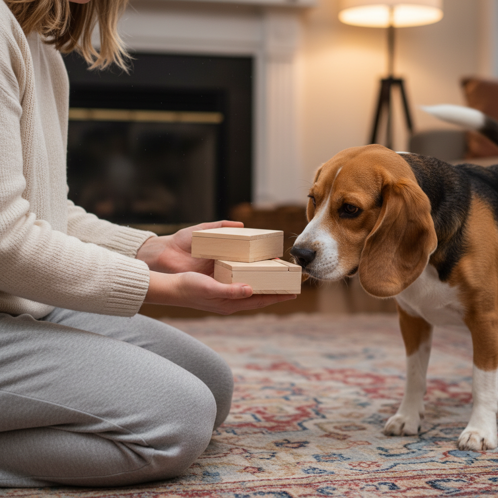 A person kneeling on a carpet, holding out two identical small boxes in their open palms towards a curious Beagle. The Beagle is sniffing one of the boxes intently, its tail wagging in concentration.