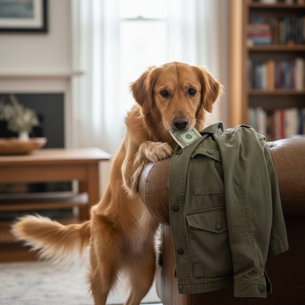 A clever Golden Retriever with its front paws up on a sofa cushion, carefully sniffing the pocket of a jacket that's draped over the back of the couch. The dog's focus is intense, showcasing an advanced search.