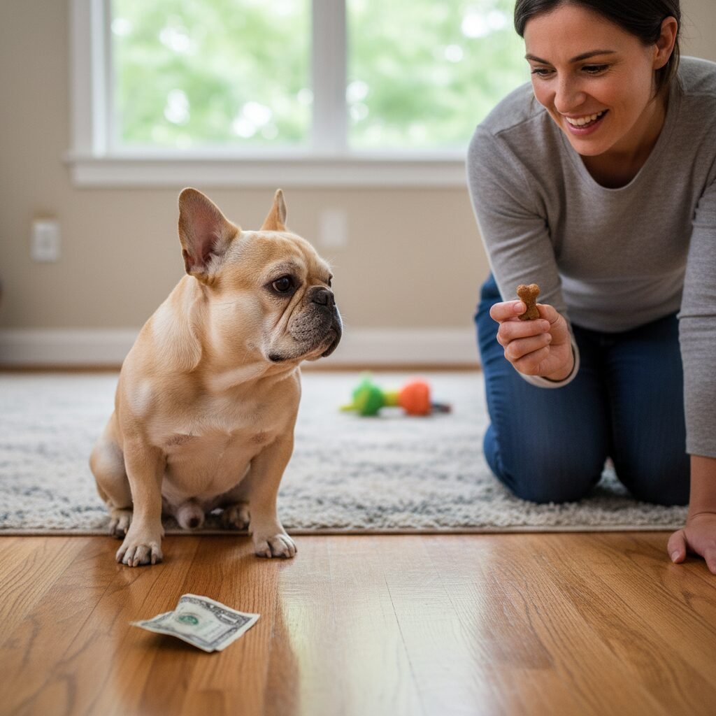 A slightly confused-looking French Bulldog sitting on the floor, looking away from a dollar bill that is lying a few feet away. Its owner is kneeling nearby with a treat in hand, looking encouragingly at the dog, ready to guide it back to the game.