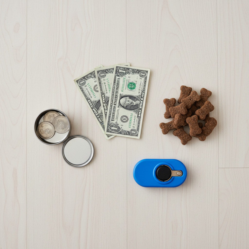A top-down, flat lay photograph on a light wood floor. The items are neatly arranged: a few slightly crinkled one-dollar bills, a small open metal tin, a handful of delicious-looking dog treats, and a blue training clicker.