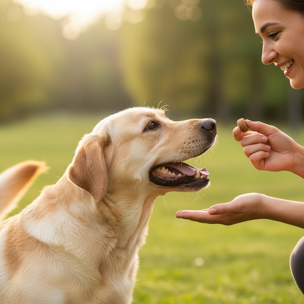 A close-up side profile of a happy Labrador retriever enthusiastically nudging its owner's outstretched hand with its nose. The owner is smiling and holding a treat in their other hand, capturing a positive training moment.