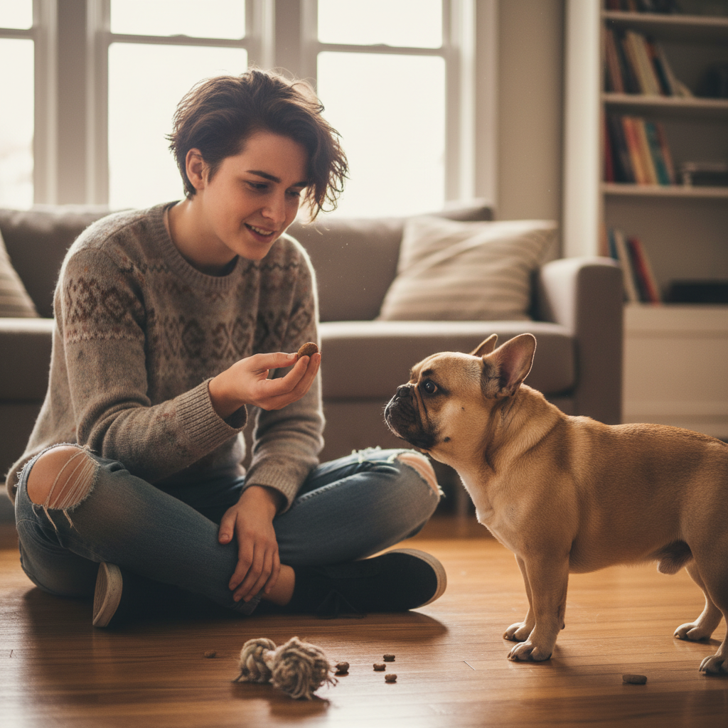 A slightly frustrated but loving pet owner sitting on the floor with their confused-looking French Bulldog. The owner is holding a treat, and the dog is looking away, perfectly illustrating a common training hiccup in a relatable way.