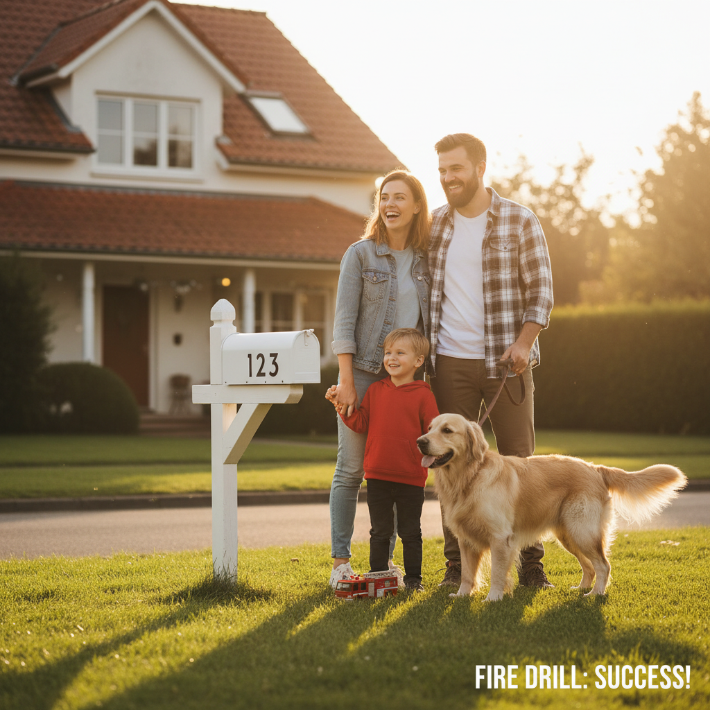 A cheerful family, including a mom, dad, a child, and their golden retriever on a leash, standing on their front lawn by the mailbox, smiling. They are looking back at their house, simulating a successful fire escape drill meeting at their safe spot.