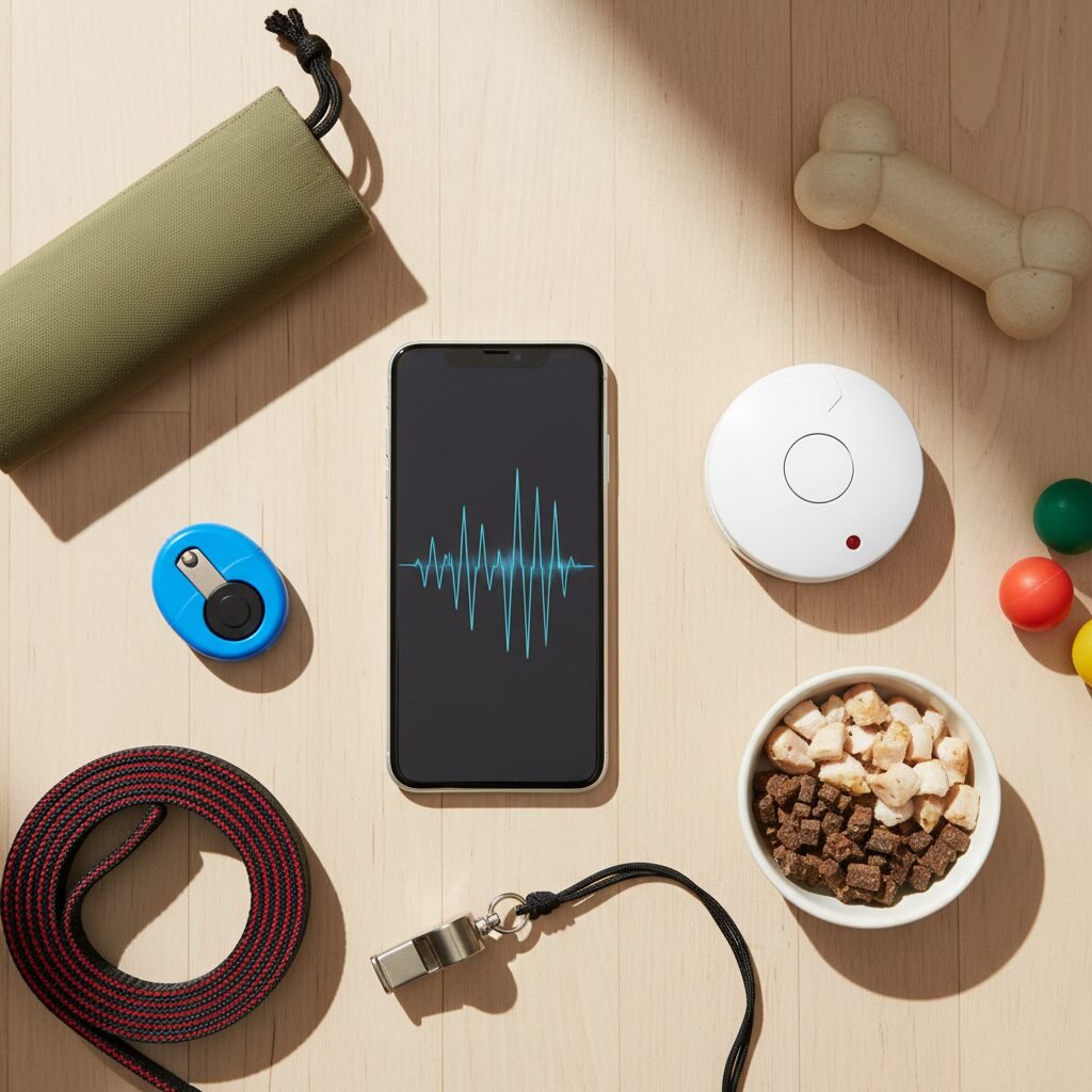 A bright, clean flat lay of dog training supplies on a wooden floor. In the center is a smartphone displaying a sound wave, next to a white smoke detector, a small bowl of high-value treats like chicken, and a blue clicker.