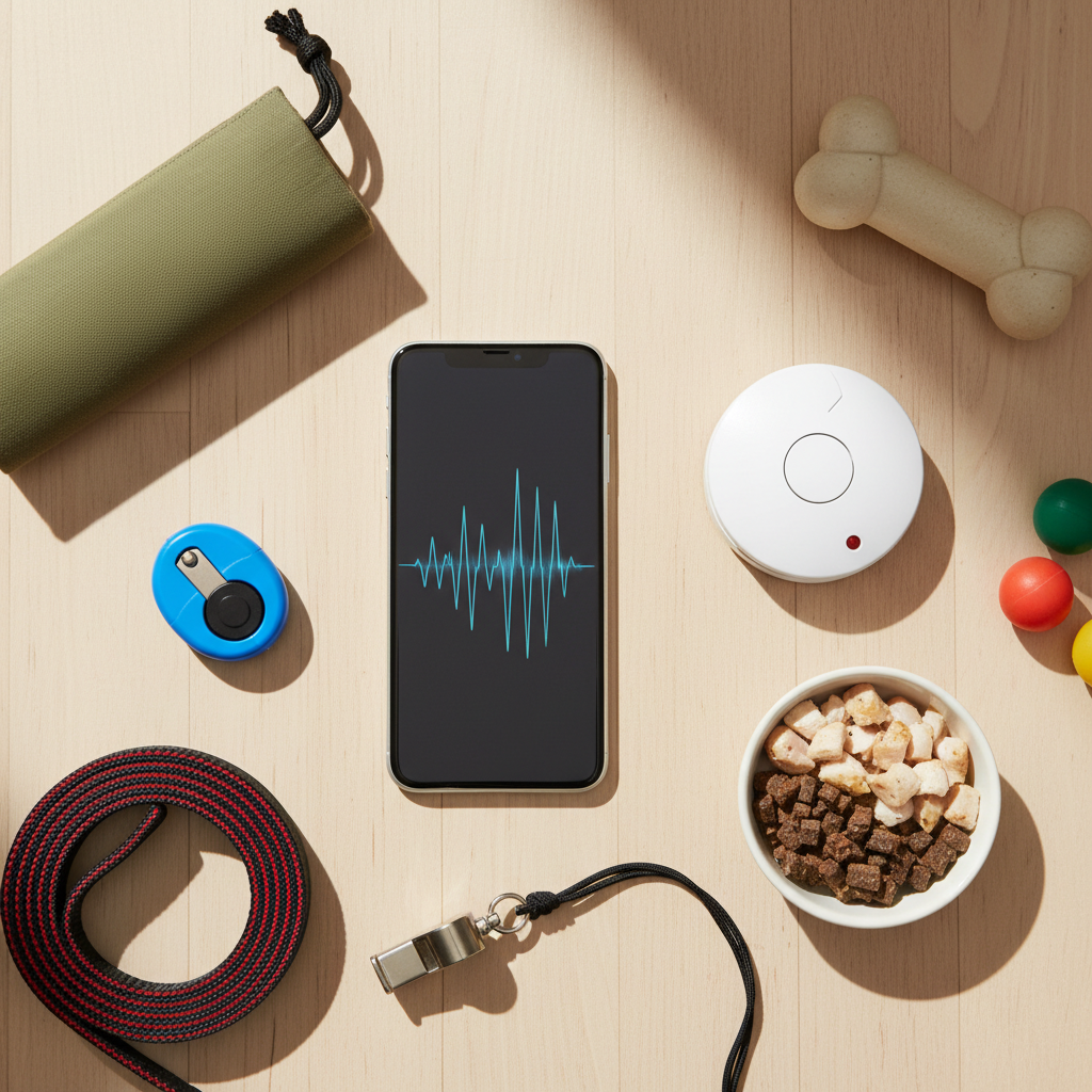 A bright, clean flat lay of dog training supplies on a wooden floor. In the center is a smartphone displaying a sound wave, next to a white smoke detector, a small bowl of high-value treats like chicken, and a blue clicker.