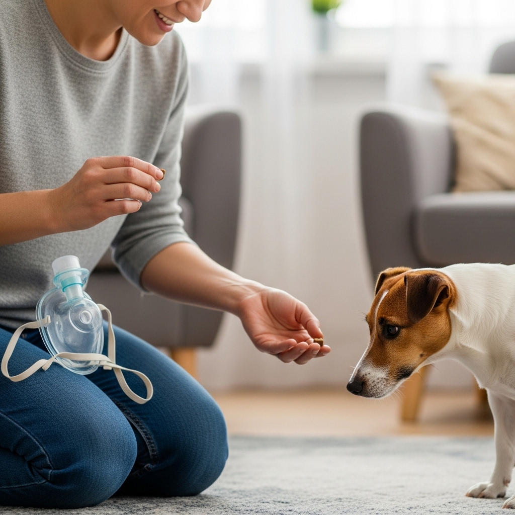 A person is patiently and gently reassuring a hesitant Jack Russell Terrier, holding a training treat in one hand while the oxygen mask rests on their lap, demonstrating a calm and no-pressure approach to training.