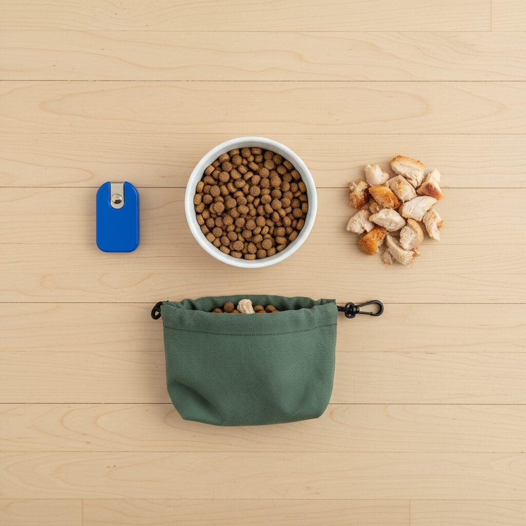 A clean, bright flat lay of dog training supplies on a wooden floor. In the center is a bowl of plain kibble (low-value) and next to it is a small pile of high-value treats like chopped chicken. A blue clicker and a treat pouch are also visible.