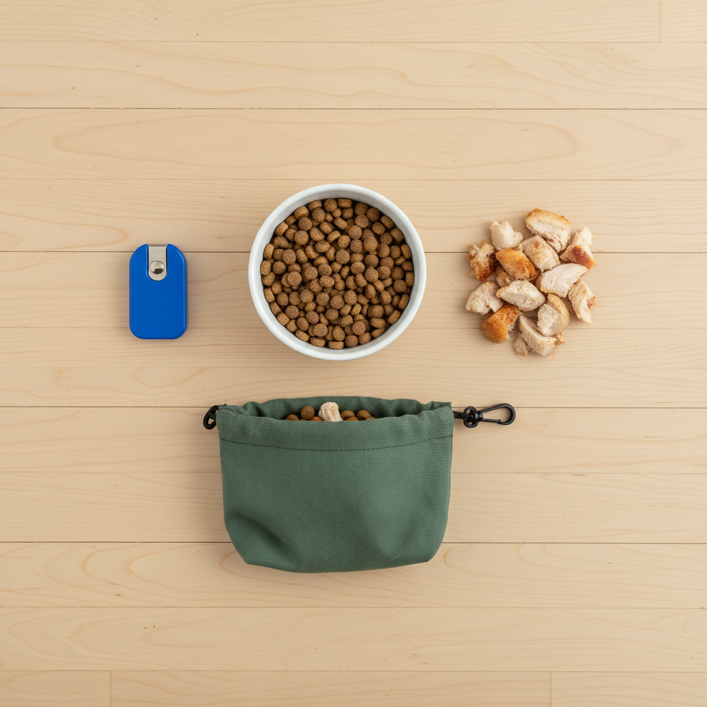 A clean, bright flat lay of dog training supplies on a wooden floor. In the center is a bowl of plain kibble (low-value) and next to it is a small pile of high-value treats like chopped chicken. A blue clicker and a treat pouch are also visible.
