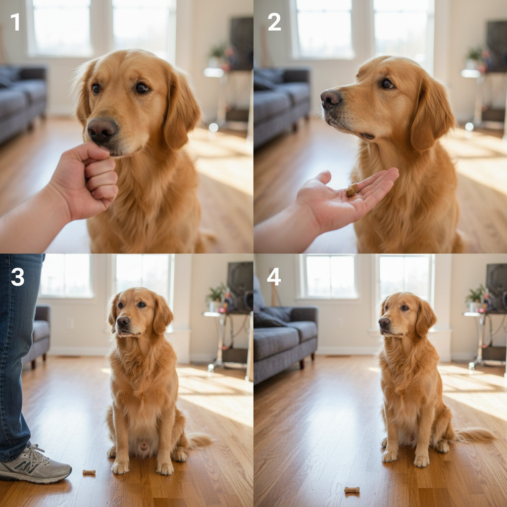 A sequence of four small images in a grid format, illustrating the training steps. 1: A dog sniffing a closed fist. 2: A dog looking away from an open palm with a treat. 3: A person's foot covering a treat on the floor with a dog watching patiently. 4: A dog sitting calmly a few feet away from a treat on the floor.