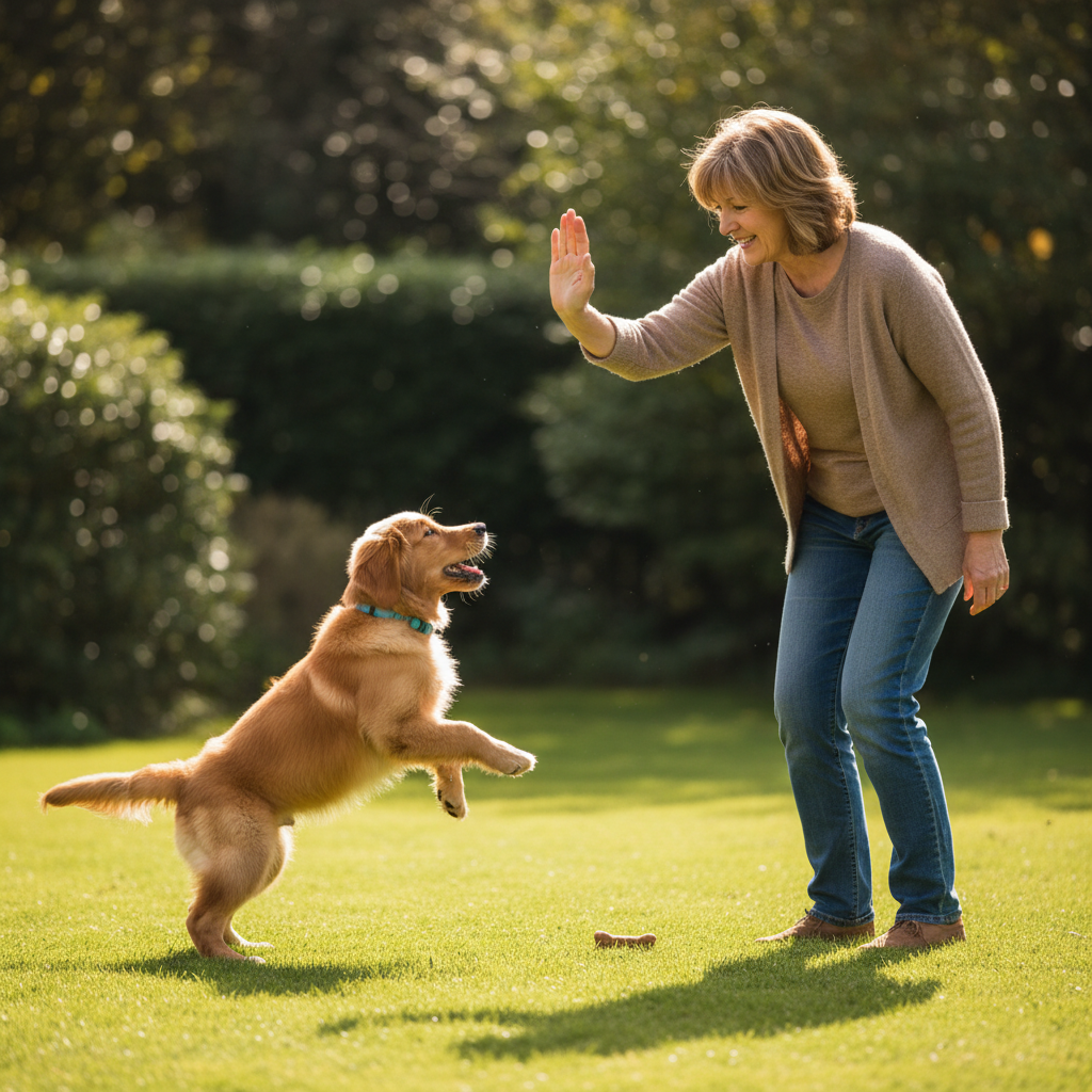 A slightly frustrated but kind-looking dog owner making a 'stop' gesture with their hand while their eager puppy tries to snatch a dropped treat. The image conveys a common training challenge in a lighthearted, relatable way.
