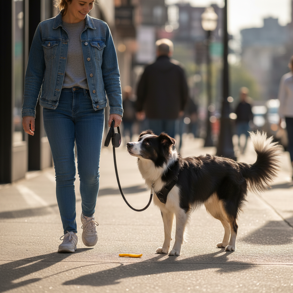 A person and their well-behaved Border Collie on a city sidewalk. The dog is on a leash and is looking attentively at its owner, walking right past a real-life distraction: a discarded french fry on the pavement. The focus is on the strong bond and communication between dog and owner.