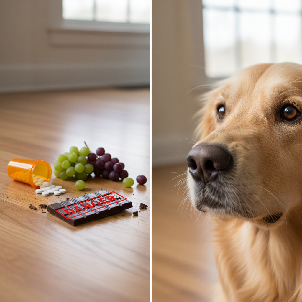 A split-image photo. On one side, a variety of dangerous items for a dog on a kitchen floor: spilled pills, a bunch of grapes, and a dark chocolate bar. On the other side, a dog's nose sniffing cautiously but not touching the items, looking towards its owner off-camera.