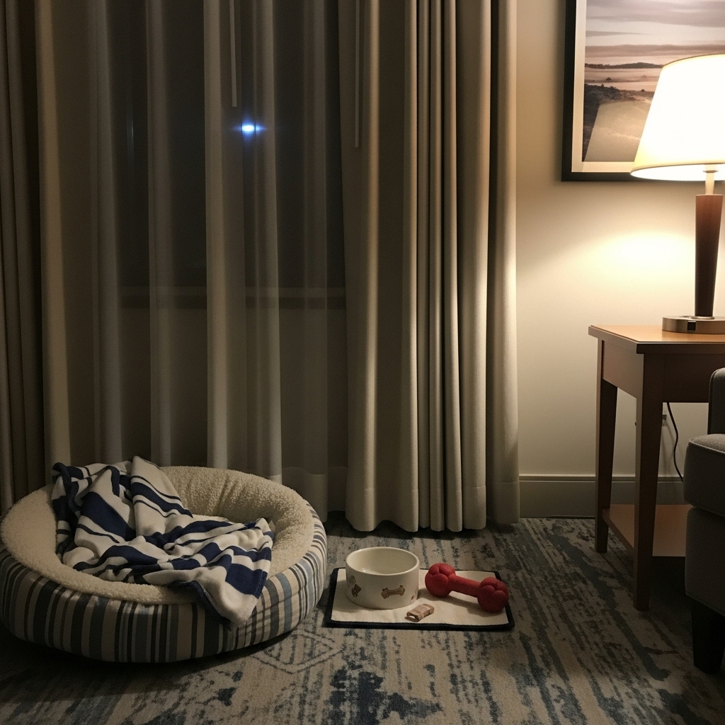 A cozy corner of a hotel room expertly set up for a dog. A plush dog bed with a familiar blanket sits next to a water bowl and a favorite chew toy. The curtains are drawn to create a calm atmosphere.