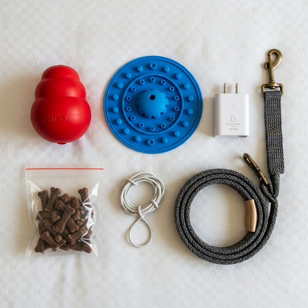 A neat flat lay of essential dog travel items on a hotel bedspread. The items include a red Kong toy, a blue lick mat, a calming pheromone diffuser, a stylish leash, and a small bag of high-value treats.
