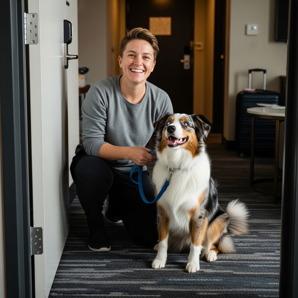 A person is happily putting a leash on their well-behaved Australian Shepherd near the door of their hotel room, both looking excited to go for a long walk.