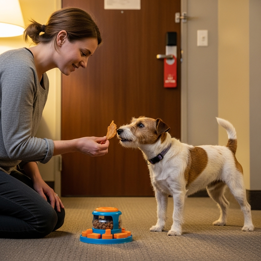 A person calmly redirecting a small, barking terrier's attention away from the hotel room door and towards an engaging puzzle toy on the floor. The person's body language is relaxed and reassuring.