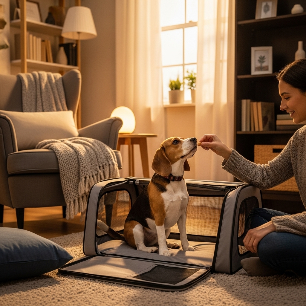 A person at home in a cozy living room, giving their beagle a treat while the dog is sitting calmly inside its open travel crate, looking relaxed and happy.