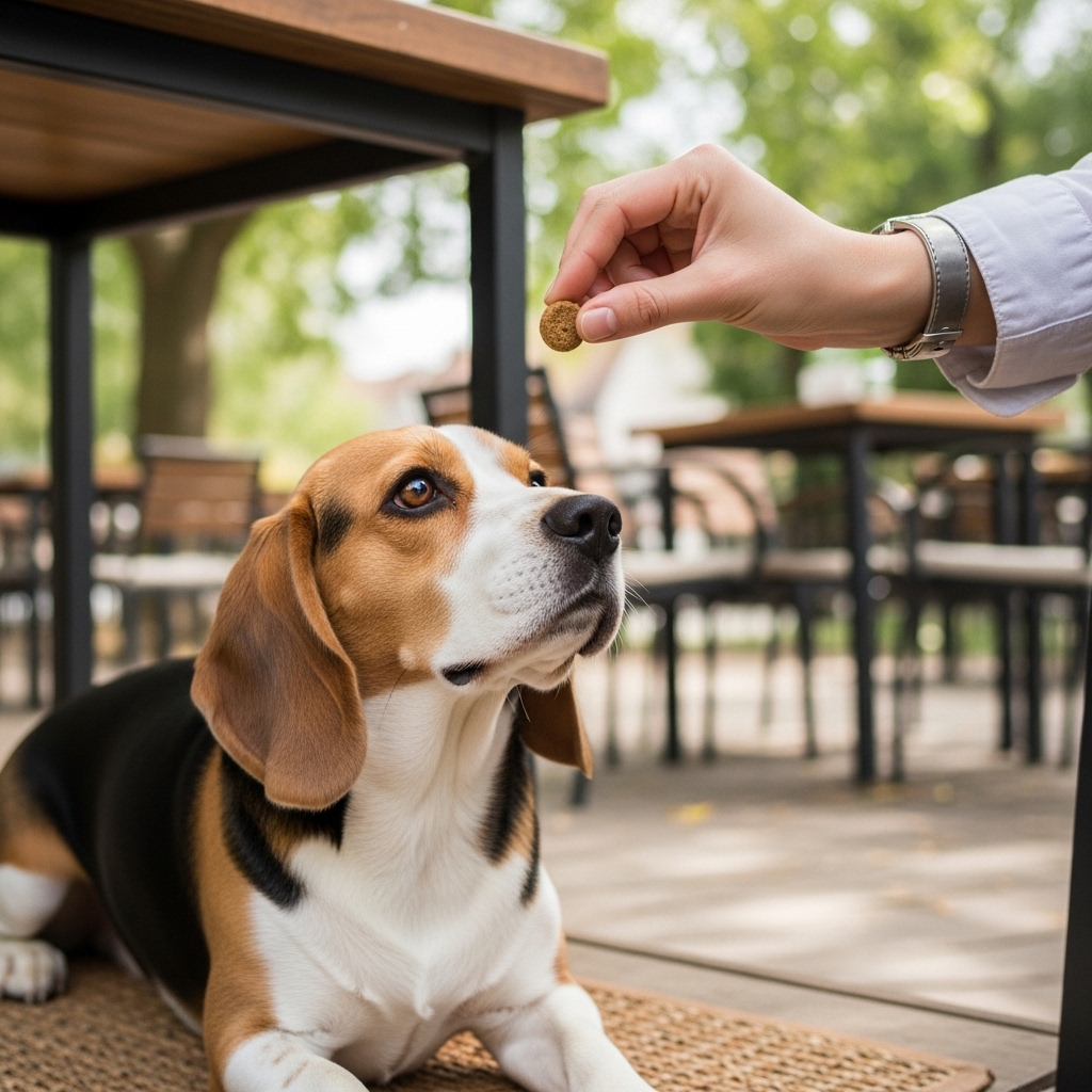 A person's hand giving a small treat to their beagle, which is lying peacefully on a mat under an outdoor cafe table. The focus is on the positive reinforcement action, with the background blurred.