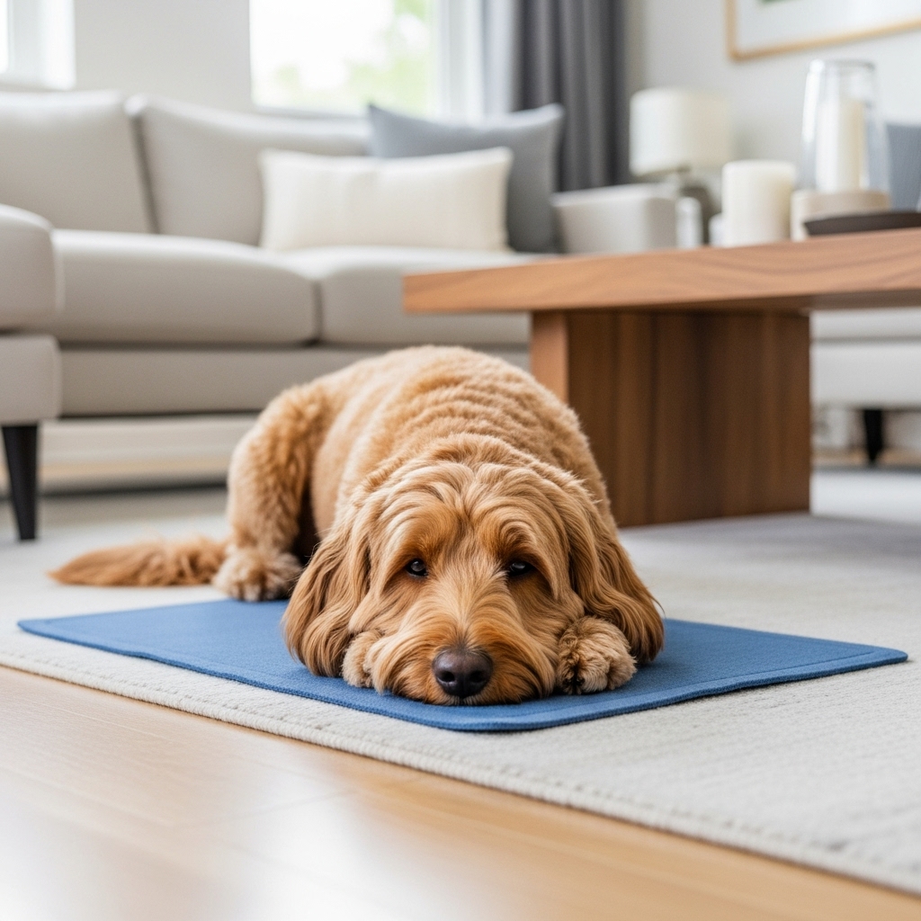 A friendly labradoodle practicing a perfect 'settle' command on a small blue mat in a modern living room, looking calm and relaxed with its head on its paws.