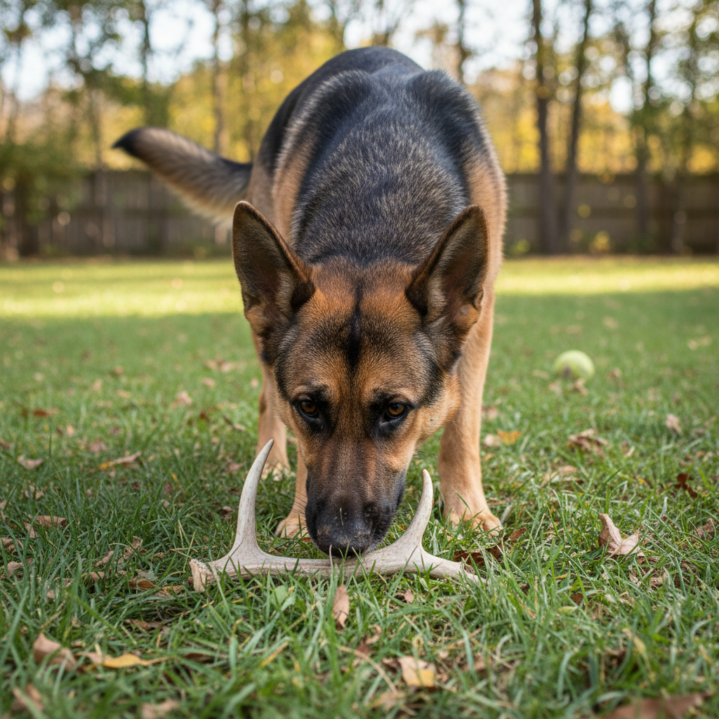 A German Shepherd with its nose to the ground, actively searching for a partially hidden antler in a grassy backyard, showing intense focus.