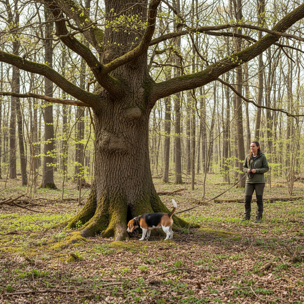 A beagle on a long lead sniffing around the base of a large oak tree in a sparse spring forest, with its owner watching attentively from a distance.
