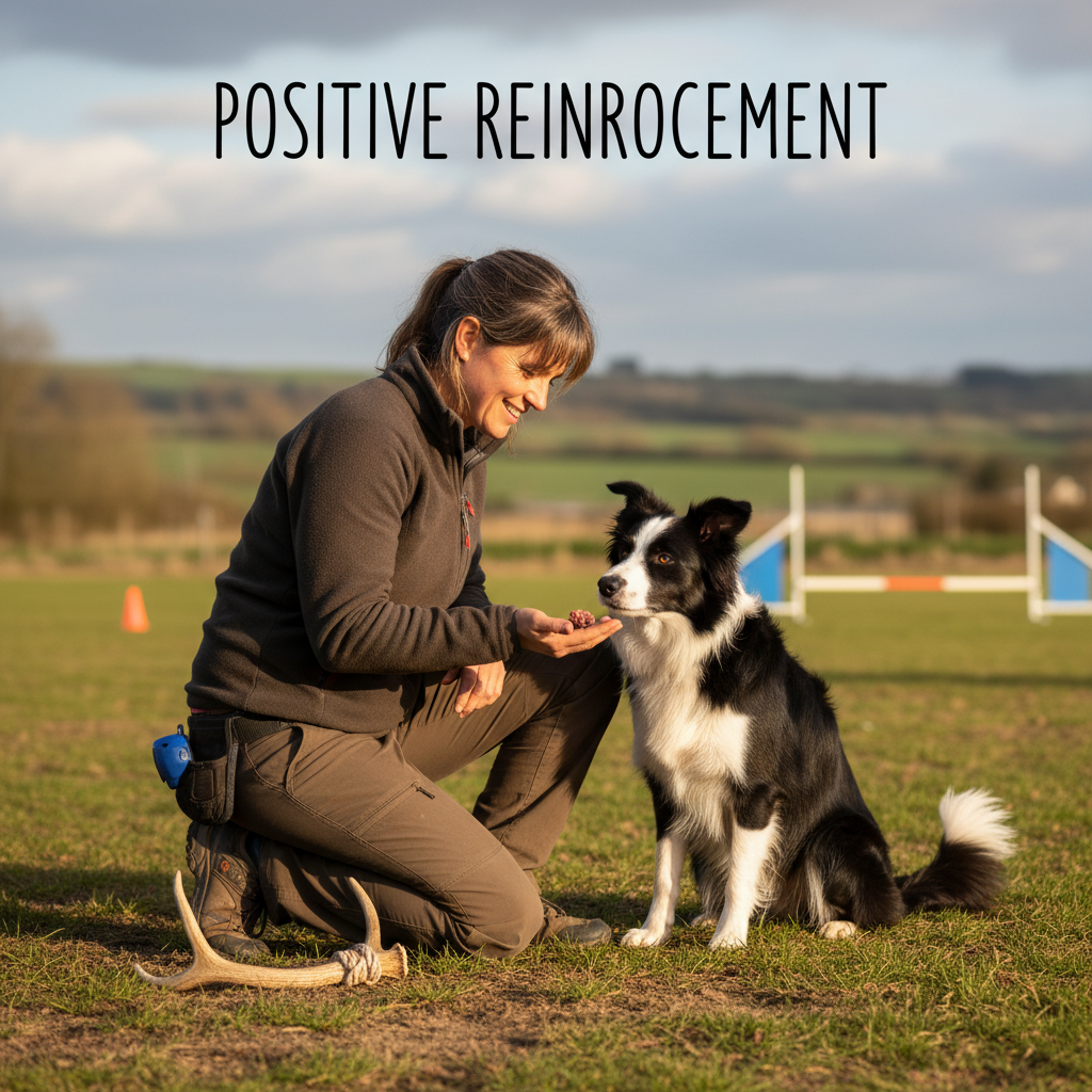 A friendly dog trainer kneeling down to her Border Collie, offering a high-value treat as a reward, with a training antler on the ground nearby, illustrating positive reinforcement.