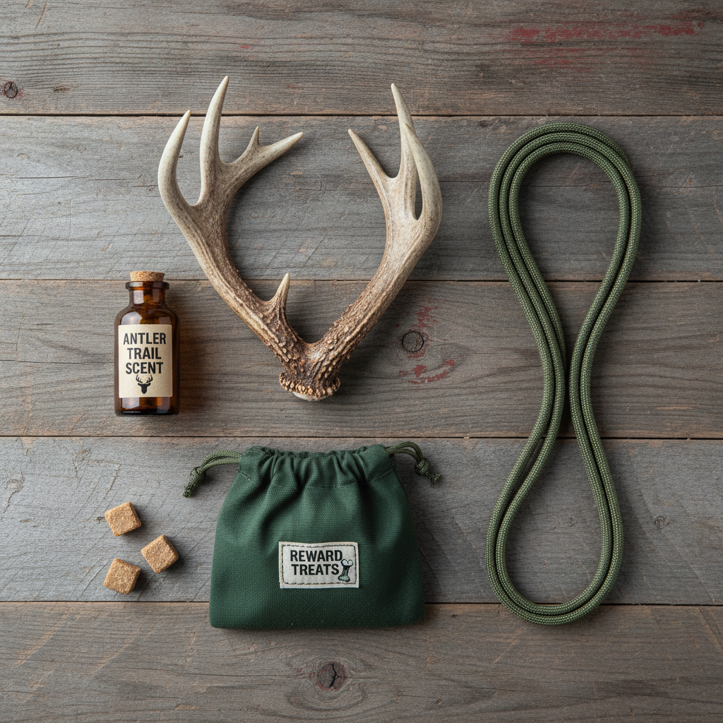 A flat-lay arrangement of antler hunting training gear on a rustic wooden background: a real deer antler, a bottle of antler scent, a long training lead, and a pouch of high-value dog treats.