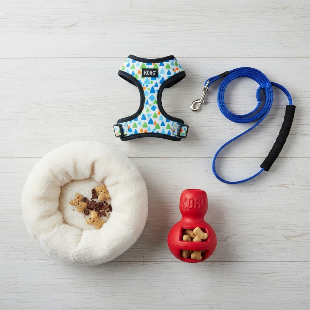 A flat-lay photograph on a clean, light wood background showcasing the essential tools for indoor tethering: a colorful, comfortable puppy harness, a simple 6-foot nylon leash, a classic red KONG toy stuffed with treats, and a small, plush dog bed.