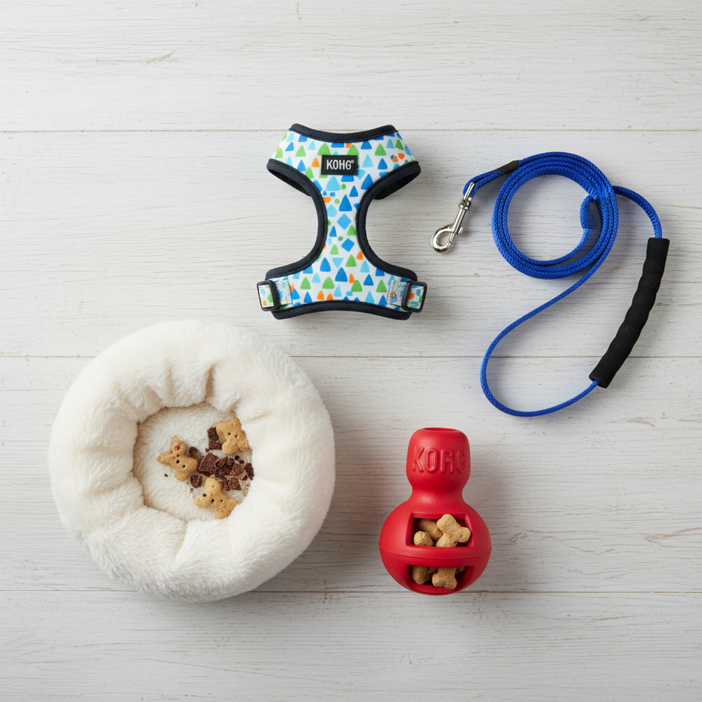 A flat-lay photograph on a clean, light wood background showcasing the essential tools for indoor tethering: a colorful, comfortable puppy harness, a simple 6-foot nylon leash, a classic red KONG toy stuffed with treats, and a small, plush dog bed.