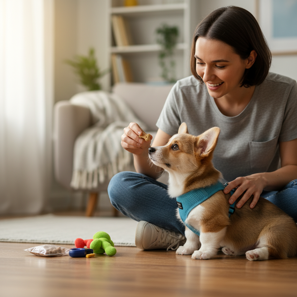 A close-up, heartwarming shot of a person sitting on the floor, smiling and offering a small treat to a Corgi puppy who has just had a harness put on for the first time. The scene is full of positive reinforcement.