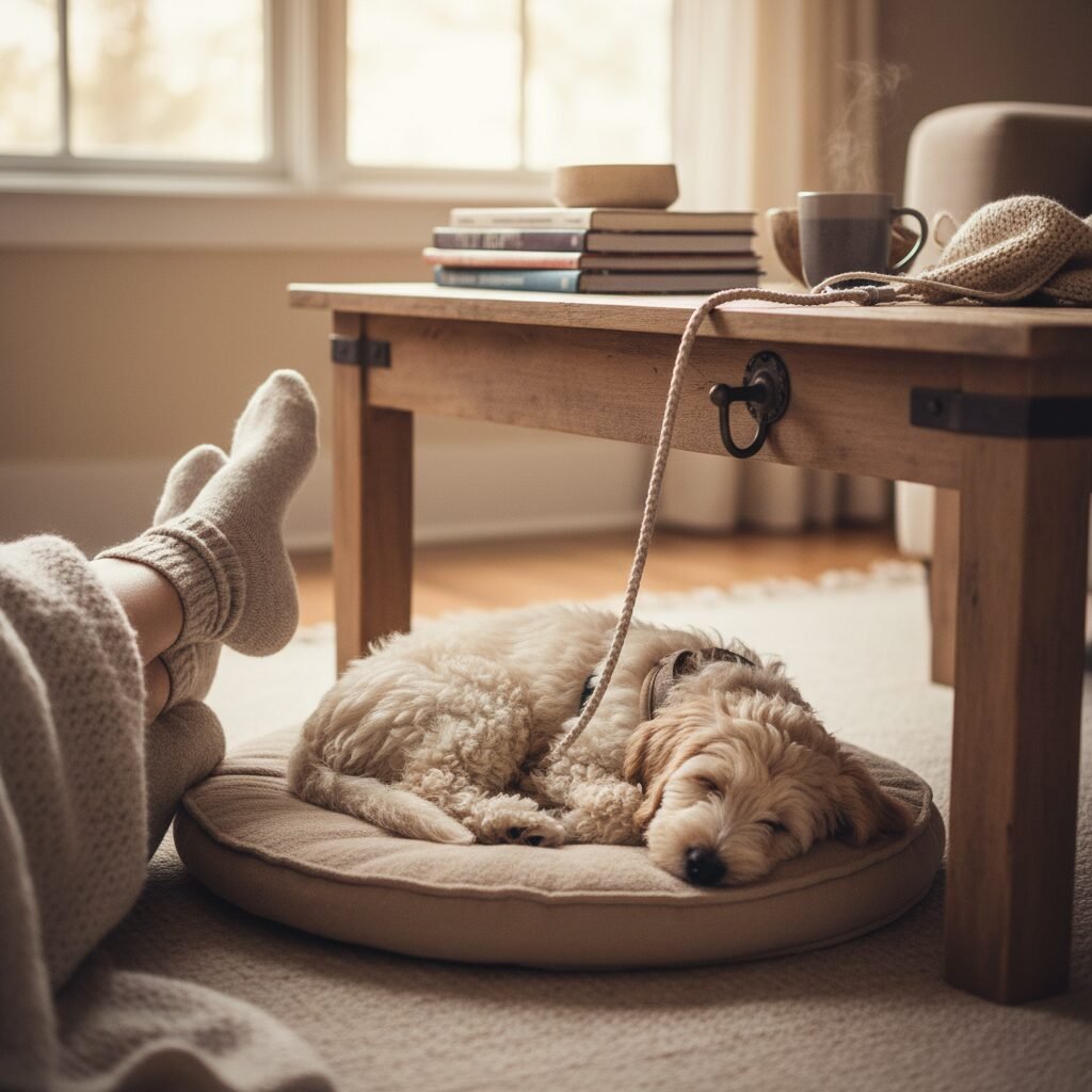 A cozy, candid photo of a person's feet propped up on a coffee table. At their feet, a fluffy labradoodle puppy is fast asleep on a mat, connected by a loose, relaxed tether. The image conveys peace and successful training.