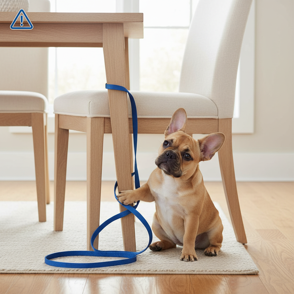An illustrative photo showing a potential hazard: a leash is tangled around the leg of a wooden dining chair, with a slightly confused-looking French Bulldog puppy looking at the tangle. The image is clean and well-lit, designed to educate, not to show a dog in distress.