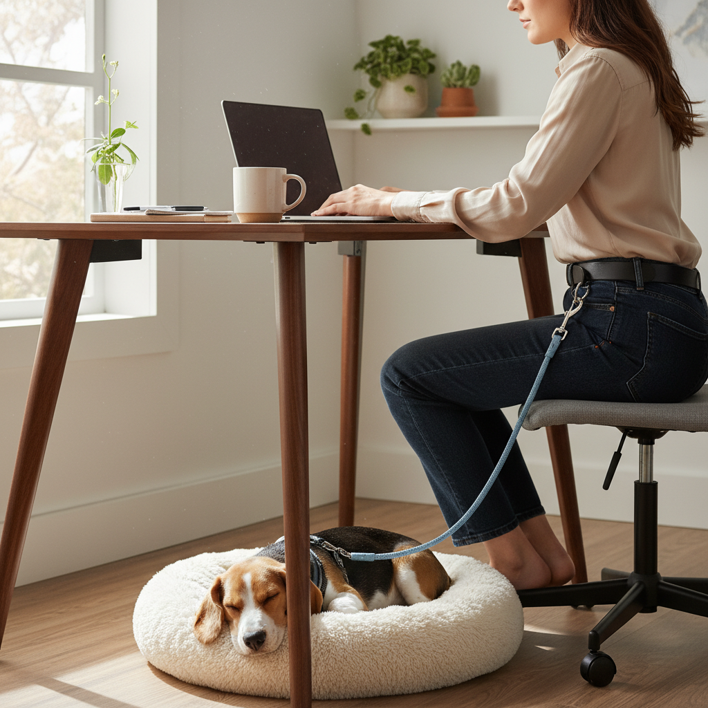 A clear, eye-level shot showing a lightweight leash clipped to a person's belt loop as they work at a desk. A calm beagle puppy is resting on a plush dog bed just at their feet, connected to the other end of the leash.