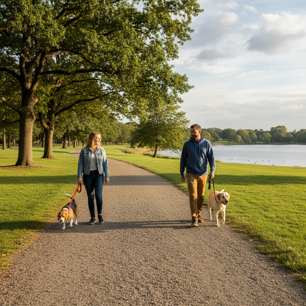 Two people walking their dogs, a Beagle and a Labrador, on a wide park path. They are walking in the same direction but are separated by about 20 feet of green grass, perfectly illustrating a 'parallel walk'.