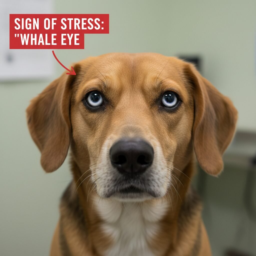 A close-up, educational-style photo of a dog's face showing classic 'whale eye' where the whites of the eyes are clearly visible, with its ears pinned back slightly. The image should clearly label this as a sign of stress.