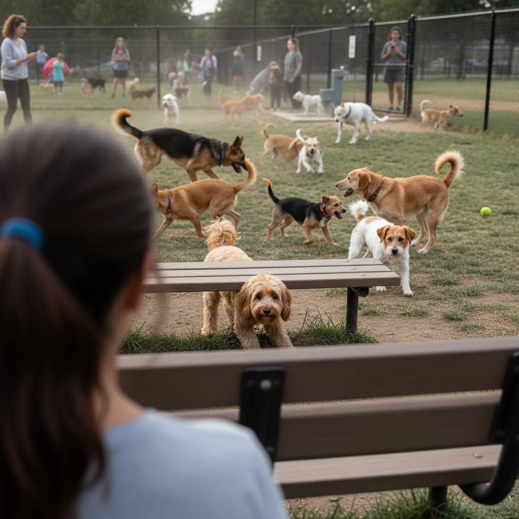 A photo from behind an owner's shoulder, showing a chaotic dog park scene. One dog in the center looks overwhelmed and is trying to hide, clearly illustrating an environment that is not conducive to safe socialization for a sensitive dog.