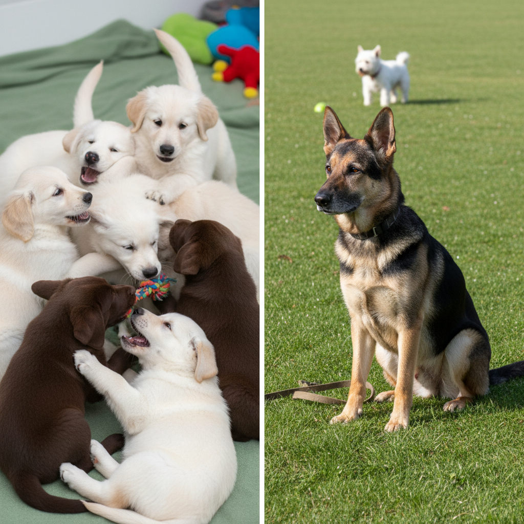 A split-screen style image. On the left, a pile of adorable, fluffy puppies tumbling and playing together. On the right, a single, dignified older German Shepherd sitting calmly on the grass, observing another dog from a respectful distance.