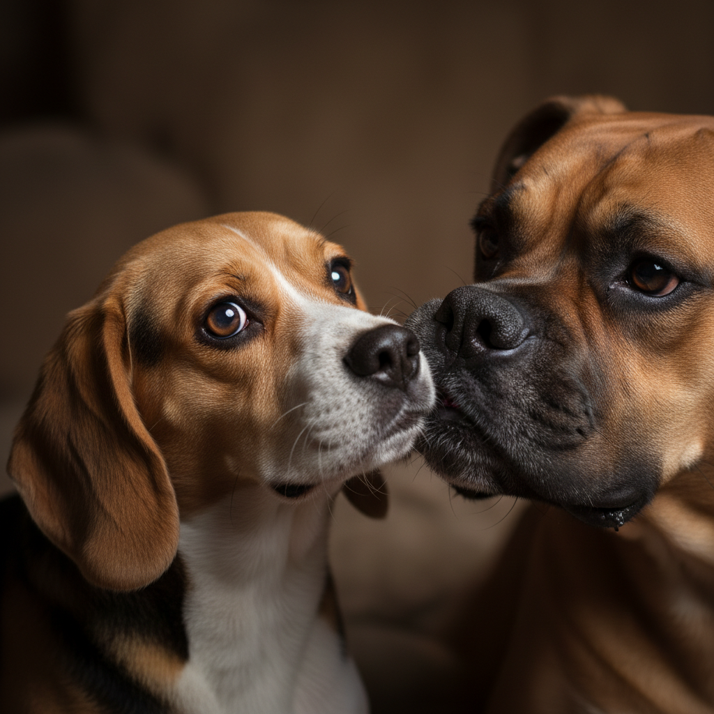 A close-up, dramatic photo showing a smaller beagle with wide 'whale eyes' and its head turned away, while a larger, oblivious boxer continues to nudge its face insistently.