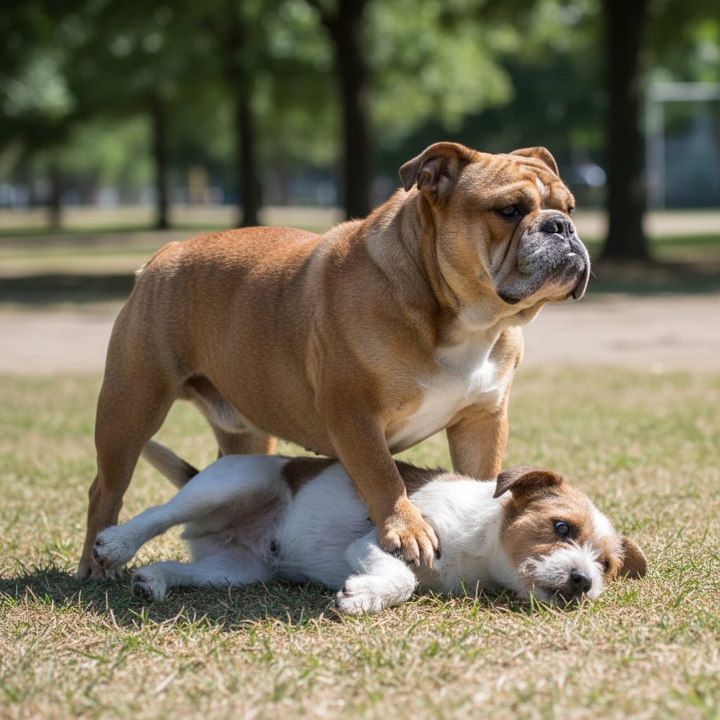 A clear side-view of a stocky bulldog standing rigidly over a smaller terrier mix that is pinned on its back. The terrier looks stressed, with its tail tucked and ears back.