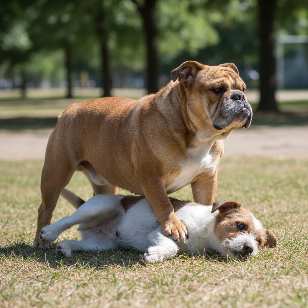 A clear side-view of a stocky bulldog standing rigidly over a smaller terrier mix that is pinned on its back. The terrier looks stressed, with its tail tucked and ears back.